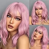 Rosa Bob Perücke mit Pony, Pinke Kurze Lockige Damen Lolita Pastell Perücken, Synthetische Perrücke für Frauen Alltag Anime Cosplay Kostüm Party Halloween Karneval 35cm