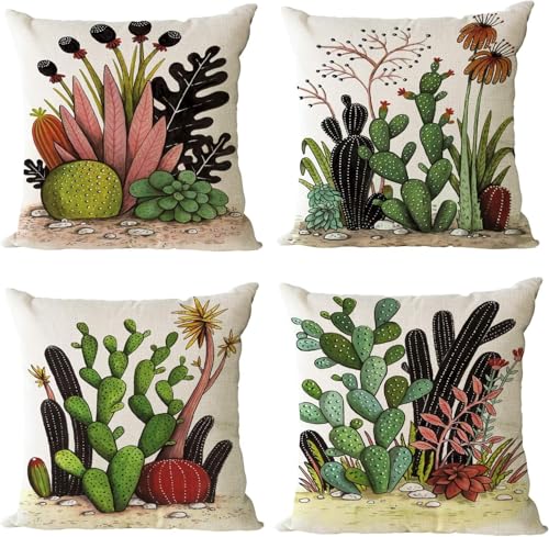 YeeJu Set of 4 Cactus Plant Decorative Throw Pillow Covers