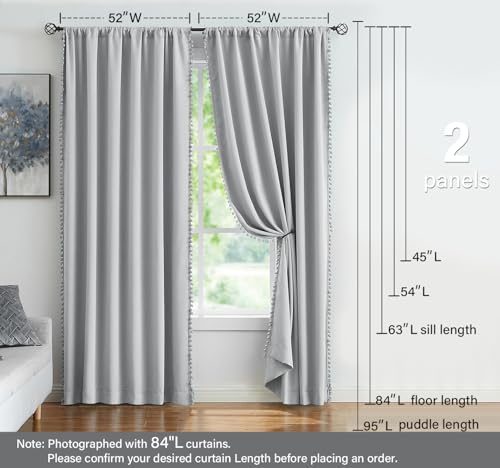 Image of Treatmentex Pom Pom Grey Curtains for Bedroom Windows 90 inch Energy Efficient Thermal Insulated Living Room Darkening Curtain Panels Drapes Nursery Room Children 52 inch w x2 Panels Rod Pocket