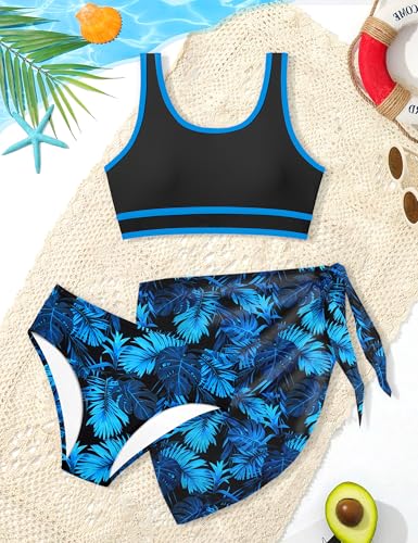 Image of Girls Swimsuit Double Strap High Waist Sporty Bikini Swimsuits Swim Cover Up Skirt 3 Piece Set