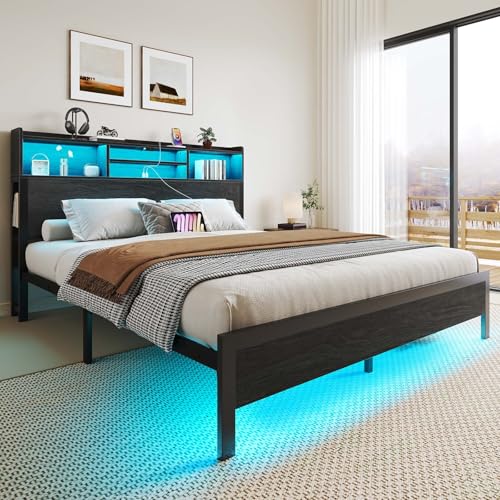 Image of Rolanstar Full Bed Frame with Storage Headboard & Side Shelf, Metal Platform Bed with Charging Station, LED Bed Frame, No Box Spring Needed, Easy Assembly, Noise-Free, Black