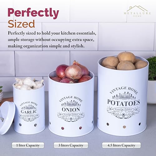 Image of Metallure Home Round Classic Kitchen Storage Containers | Set of 3 Metal Jars With Lid | Potato, Onion & Garlic (Food Safe) (White)