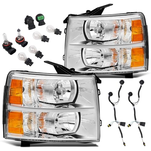 Aresparts Headlights Assembly DOT Approved Compatible with 2007-2013 Silverado 1500/2007-2014 Silverado 2500 3500 & HD Models (Left+Right) Chrome Housing Amber Reflector + W/Bulbs ? Wiring Harness
