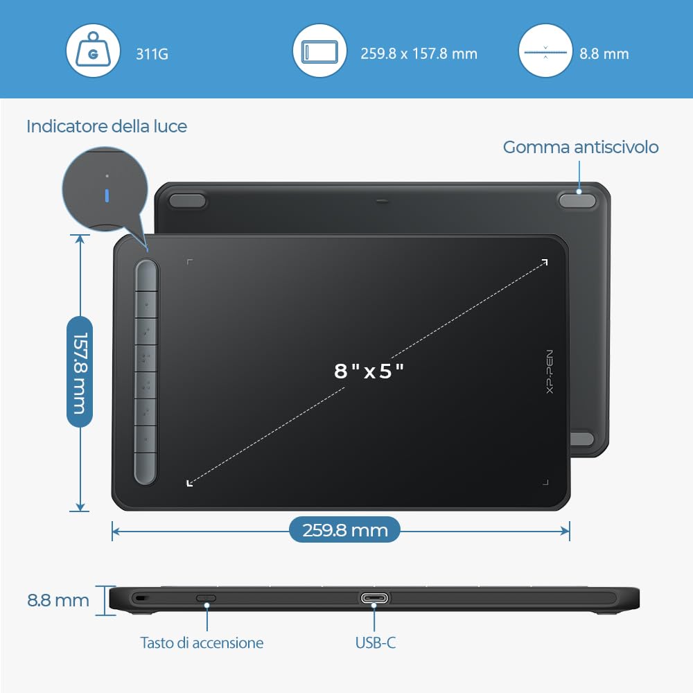 XP-PEN Deco MW Tavoletta grafica Bluetooth 8" x 5" con stilo X3 Elite per dipingere, fare schizzi, imparare a distanza e lavorare da casa, Supporto Windows Mac Linux Android (Nero)