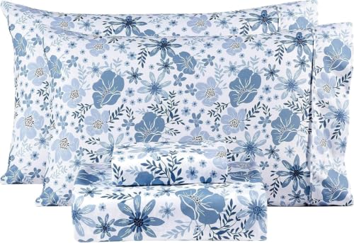 Image of Mooreeke Twin XL Sheets Set - 3 Piece Soft Breathable Microfiber Bed Sheet Set - Blue & White Flower Pattern Sheet Set Twin XL - Deep Pocket Non-Slip Floral Fitted Sheet Included for All Season
