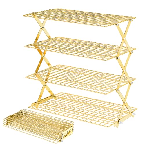 BEWOS 4-Tier Adjustable Cooling Rack - Stainless Steel Baking Rack with Mesh Leak-Proof Design, Foldable X-Shaped Structure for Cooking and Baking, Dishwasher Safe (Gold)