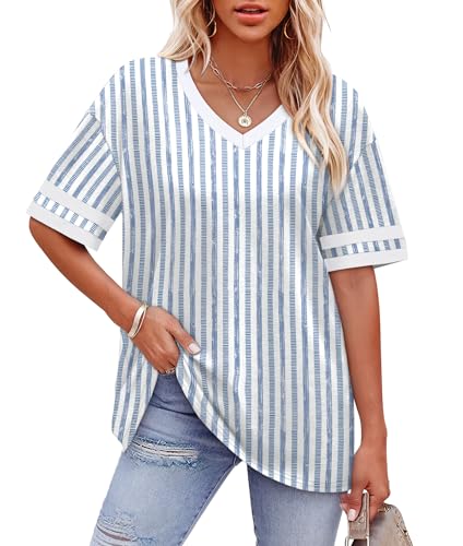 Image of WIHOLL Womens T Shirts Loose Fit Short Sleeve Tees V Neck Color Block Summer Tops 2026 Fashion S-4XL