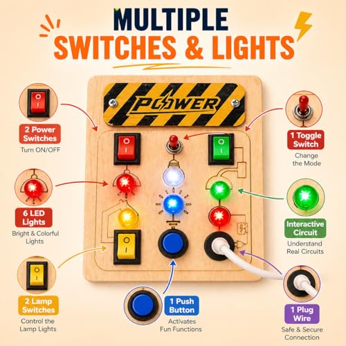 Image of SHINETOY Wooden Busy Board Sensory Toy - Power Control Panel with LED Indicators, Toggle Switches & Big Push Button | Learn Electricity & Circuits | Safe & Fun Gift for Boys & Girls