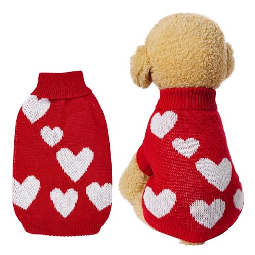 Topbuti Knitted Dog Sweater Heart Puppy Sweater Winter Warm Pullover Turtleneck Knitwear Pet Holiday Clothes for Small Dogs and Cats (Red, Medium)