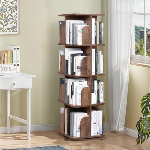 Image of ABOUT SPACE Rotating Book Shelf for Home Library - 4 Tier 360 Book Rack | Wooden Square Bookstand with Partition Curved Edges, Bottom Turnplate for Office Livingroom (Walnut - L 40 x B 40 x H 130cm)