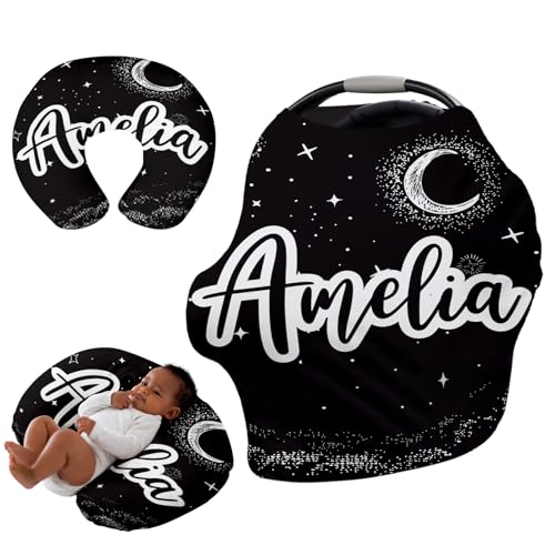 Image of Custom Name Car Seat Canopy - Baby Car Seat Covers, Infant Stroller Cover, Black Moon Carseat Canopy Christmas Birthday Gifts for Girls and Boys