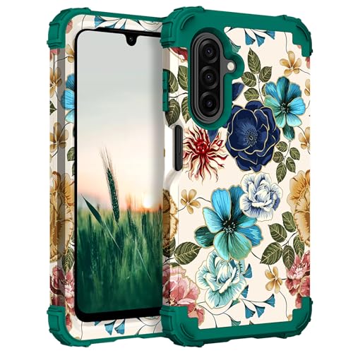 Hocase for Galaxy A17 5G Case, Heavy Duty Shockproof Protection Soft Silicone Rubber Bumper+Hard Plastic Hybrid Protective Case for Samsung Galaxy A17 5G (6.7') 2025 - Teal Flowers