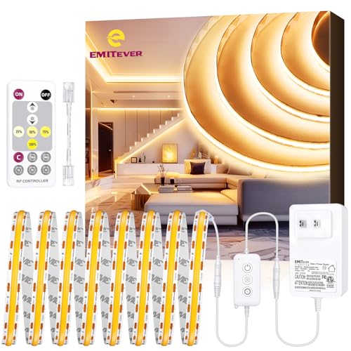 Image of EMITEVER COB LED Strip Lights Kit Warm White with Remote & 24V Power Supply,16.4ft Dimmable Tape Light 2700K, High Density 2400LEDs, 300+LM /FT, CRI90+, Suitable for Bedroom Kitchen Cabinet Lighting