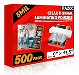 RAZCC Laminating Sheets, 500 Pack Clear Thermal Laminating Plastic Paper Laminator Sheets, 9 x 11.5-Inch, 3mil, Ideal Office or School Supplies