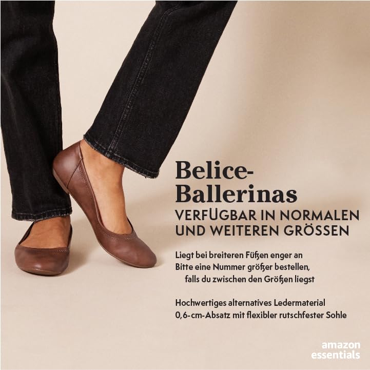 Amazon Essentials Belice Ballerinas für Damen, schwarzes Kunstleder, 40.5 EU Weit