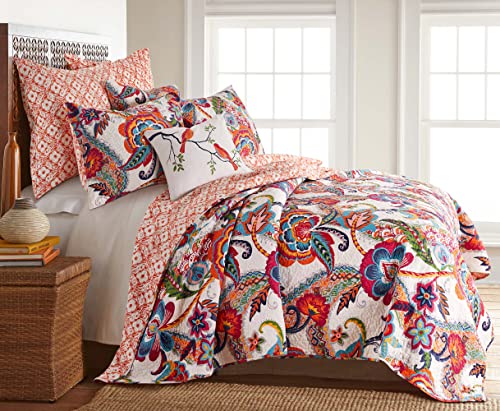 Levtex home - Cleo Quilt Set - Full/Queen Quilt + Two Standard Pillow Shams - Orange Teal Red Grey Cream Pink - Quilt (88x92in.) and Pillow Shams (26x20in.) - Reversible - Cotton Fabric