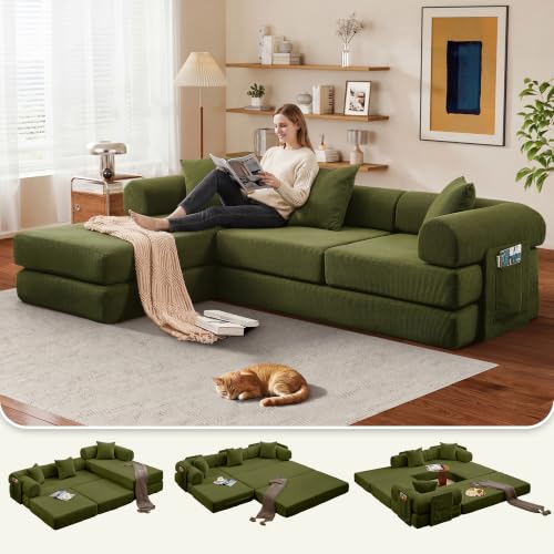 Image of 107 inch Modular Sectional Sofa Bed, L-Shape Corduroy Boneless Couch, Green