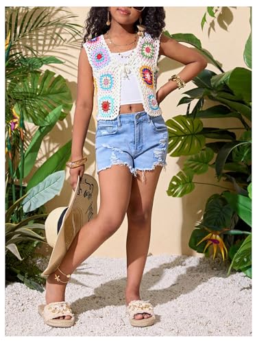 Floerns Girl's Floral Boho Crochet Tank Top Tie Front V Neck Sleeveless Crop Tops4