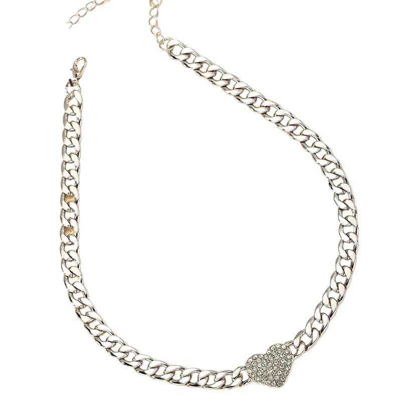 Collier ras du cou cœur chaîne cubaine et pendentif cristal fuchsia femme