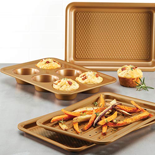 Ayesha Curry Nonstick Bakeware Toaster Oven Set With Nonstick Baking Pan, Cookie Sheet / Baking Sheet And Muffin Pan / Cupcake Pan - 4 Piece, Copper Brown #TOP6