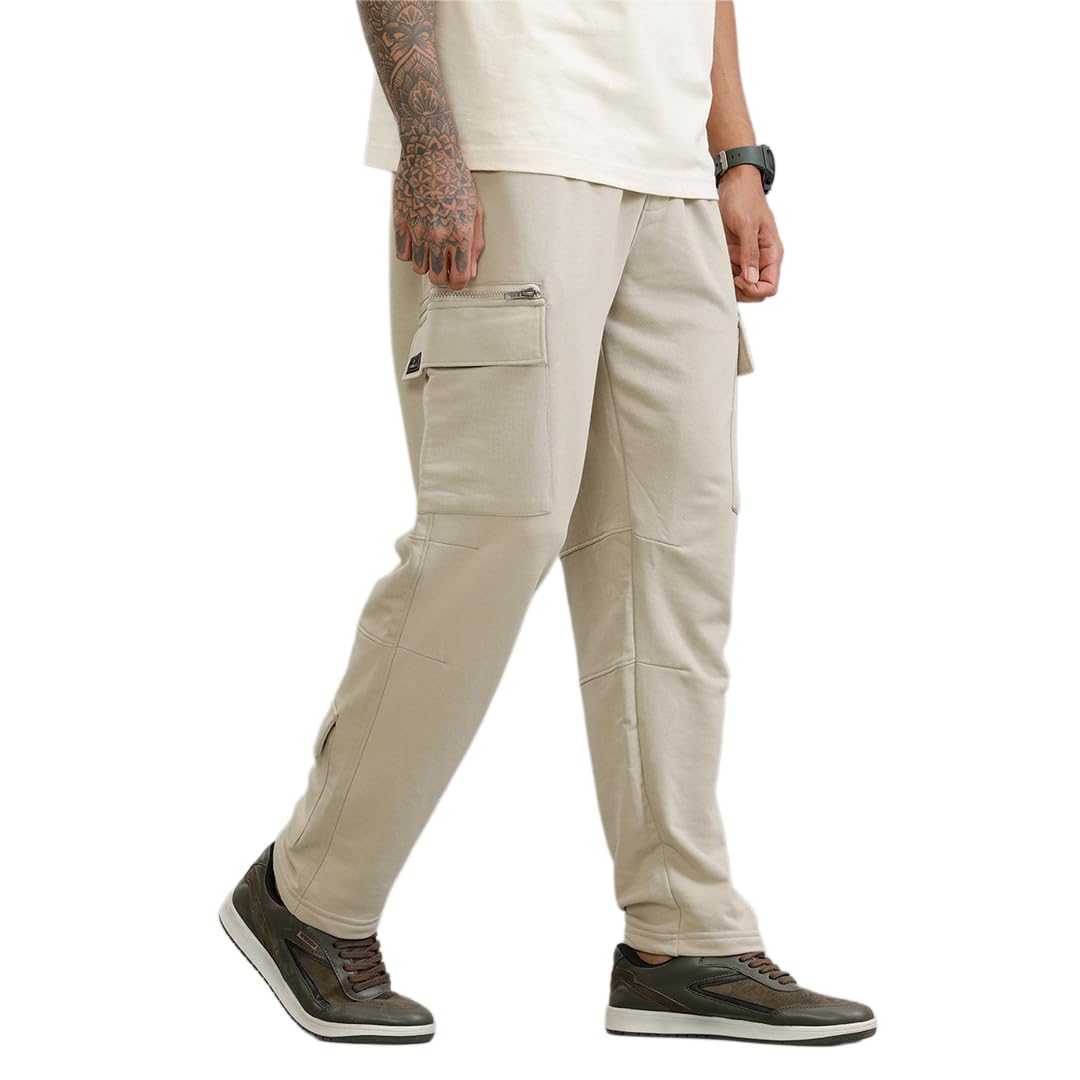 WROGN Men's Cotton Blend Cargo Joggers | Solid | Slim Fit in neutral