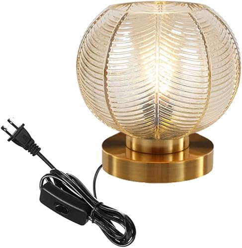Miniatura 1 de Lámpara de mesa moderna Lámpara de escritorio dorada con pantalla de vidrio acanalado ámbar Lámparas de mesita de noche Lámpara de mesa pequeña