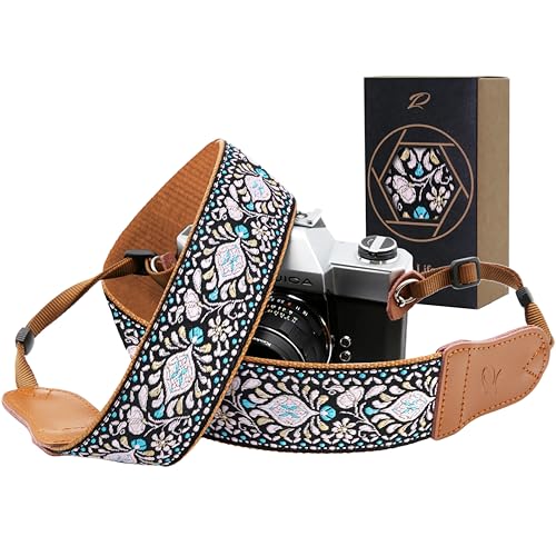 Image of Padwa Lifestyle Pink Floral Vintage Embroidered Camera Strap - 2 inch Wide Cowhide Head Camera Straps,Pure Cotton Woven Shoulder & Neck Strap for All DSLR Cameras,Great Gift for Men & Women Photographers