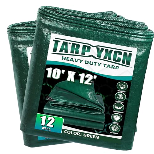 Green Heavy Duty Tarp 10x12 Feet 2 Packs, 12 Mil Thick Waterproof Poly Tarps Cover UV Resistant, Rip & Tear Proof with Metal Grommets Every 20 Inche