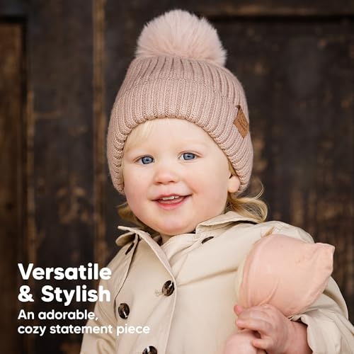 2-Pack Baby Hats for Girls, Boys - Stretchy Baby Beanies, Cute Newborn & Toddler Winter Hat, Soft & Warm Pom Pom Beanie for Infant, Toddler, Boys, Girls 6-36 Months (Fawn, M)3