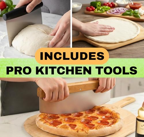 Image of Large Pizza Stone for Oven and Grill 20 Inch - Cordierite Pizza Stones with Wooden Pizza Peel, Dough Tool & Pizza Cutter Set - Makes Crispy Homemade Pizza & Bread - 20 inch x 13.5 inch Baking Stone