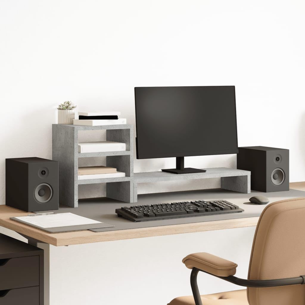 Supporto per monitor con organizer da scrivania, in legno grigio cemento, 80 x 20 x 30 cm, portata 35 kg, supporto ergonomico per PC, per ufficio, casa, gaming, ripiano salvaspazio
