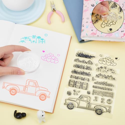 CRASPIRE West Farm Autumn Truck Clear Rubber Stamp Flowers Village Pumpkin Vintage Transparent Silicone Seals Stamp Retro for Journaling Card Making DIY Scrapbooking Handmade Photo Album Decor - Image 3