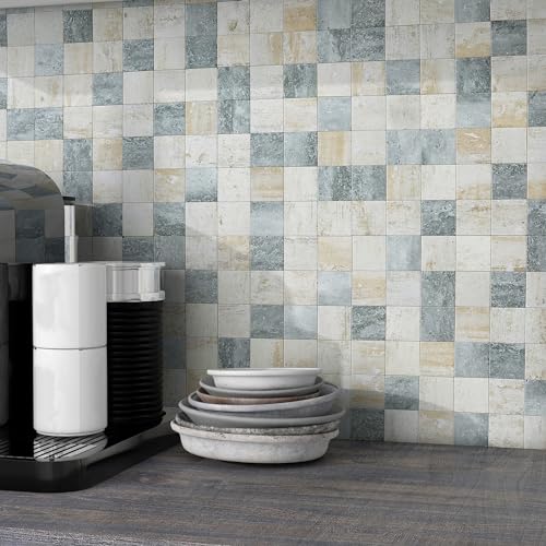 Image of BeNice Kitchen Peel and Stick Tile Backsplash Bathroom Self Adhesive Stone Mosaic Thick Wall Stickers 12"x12"(Blue Rustic,10 Sheets)