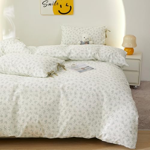HighBuy Light Green Floral Duvet Cover Twin XL,Soft 100% Cotton Farmhouse Chic Flowers Pattern Printed Bedding Set 3 Pieces,Breathable Bedding Comforter Cover with 2 Bow Ties Pillowcases