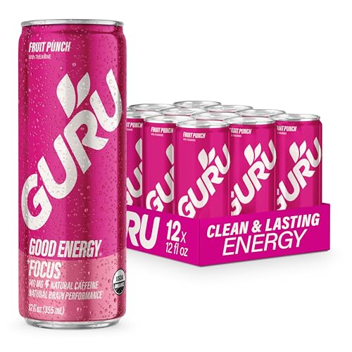 Image of GURU Energy Drink, Fruit Punch Organic Sparkling Energy Drink with Real Fruit Juice + L Theanine, 140 MG Natural Caffeine for Workouts, Performance & Midday Boost, Plant Based, Gluten Free, 12 Fl Oz, 12 Pack