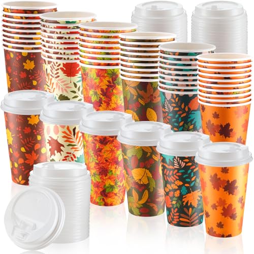 Sunnychicc 60 Pcs Thanksgiving Fall Disposable Coffee Cups with Lids 16oz Maple Leaves Paper Cups Beverage Drinking Cup for Harvest Autumn Party Restaurant Travel Business Supplies 10 Styles