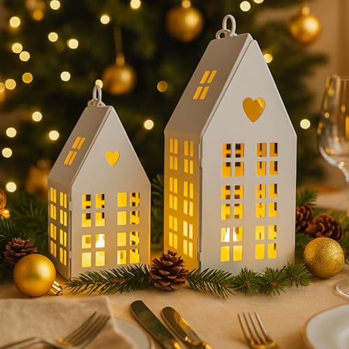 2 Stück Weihnachtsdeko Lichthäuser Weiß mit LED Kerzen, Weihnachten...
