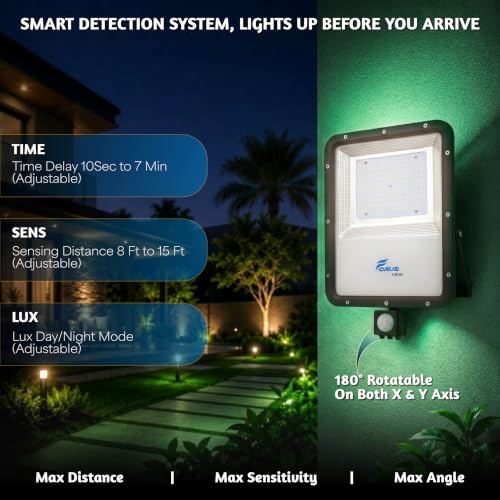 Image of Forus 100W LED Flood Light Green with Motion Sensor Auto On Off Day Night Mode Waterproof Outdoor Security Light for Garden Parking Garage Factory Warehouse High Bright Floodlight 4Yr Warranty-1Pc
