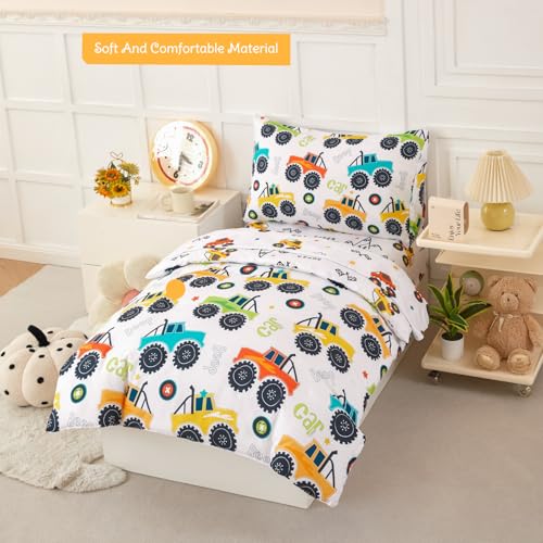 Image of PERFEMET Toddler Bedding Set 4 Pieces Bed Set for Boys All Seasons 1 Deep Pocket Sheet and 1 Lightweight Comforter Soft Cute Colorful Pattern Cozy Children Bedroom Cars White