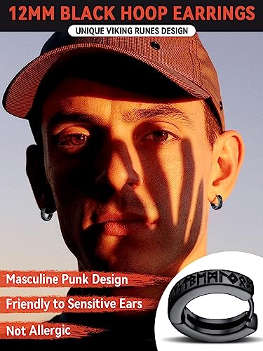 FaithHeart Norse Viking Runes Hoop Earrings for Men Hypoallergenic Stainless Steel Punk Huggie Hoop Earring Sturdy Norse Mythology Jewelry Gifts with Delicate Packaging2