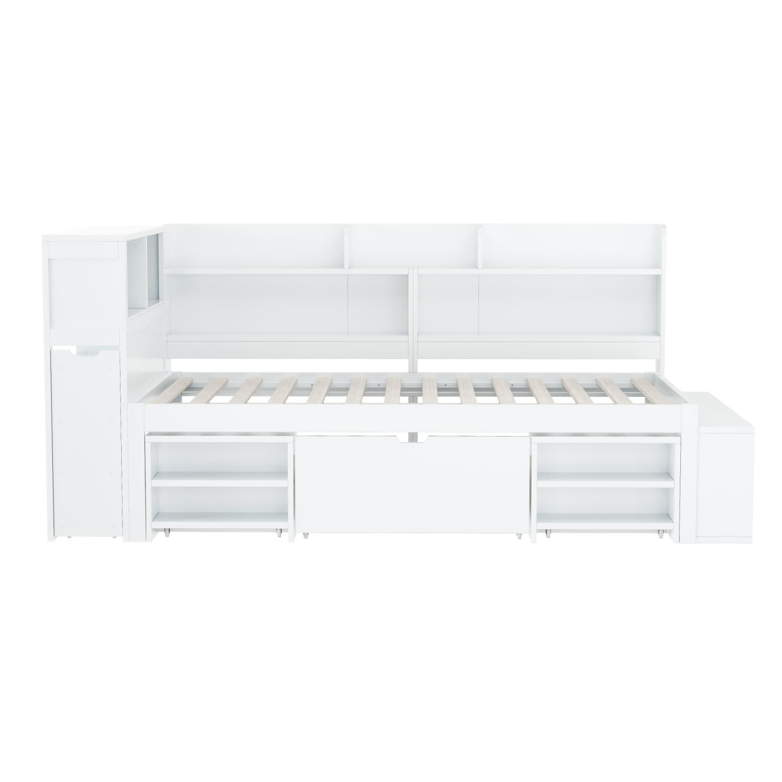KOMHTOM Lit d'enfant Multifonctionnel avec Tiroirs, Bibliothèque et Armoire de Rangement, Cadre de Lit Plateforme, Sommier à Lattes en Bois, Blanc(sans Matelas) (90x200 cm)