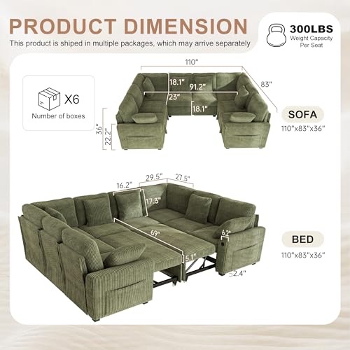 Image of Hanherry Sectional Sofa with Pull Out Couch Bed,Corduroy Sleeper Sofa with 2 Seat Storage & USB Charging,Comfy Modular Couches for Living Room,Apartment