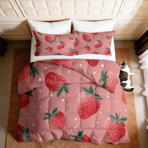 Edredón de fresas rosa 140x200 para habitaciones juveniles de dos personas y parejas 3