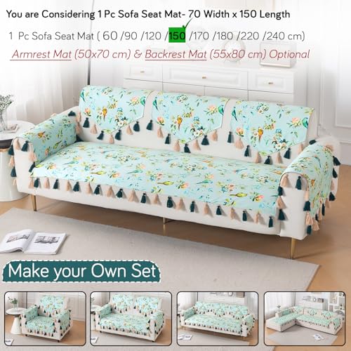 Image of HOKIPO Sofa Cover Mat with Tassel for 1 /2 /3 Seater & L Shape Sofa | DIY Sofa Cover Set | Printed Holland Velvet | 'Whispers of Nature' | 70(W) x 150(L) cm | Mint Birdsong Blossom (IN-1120-D3)