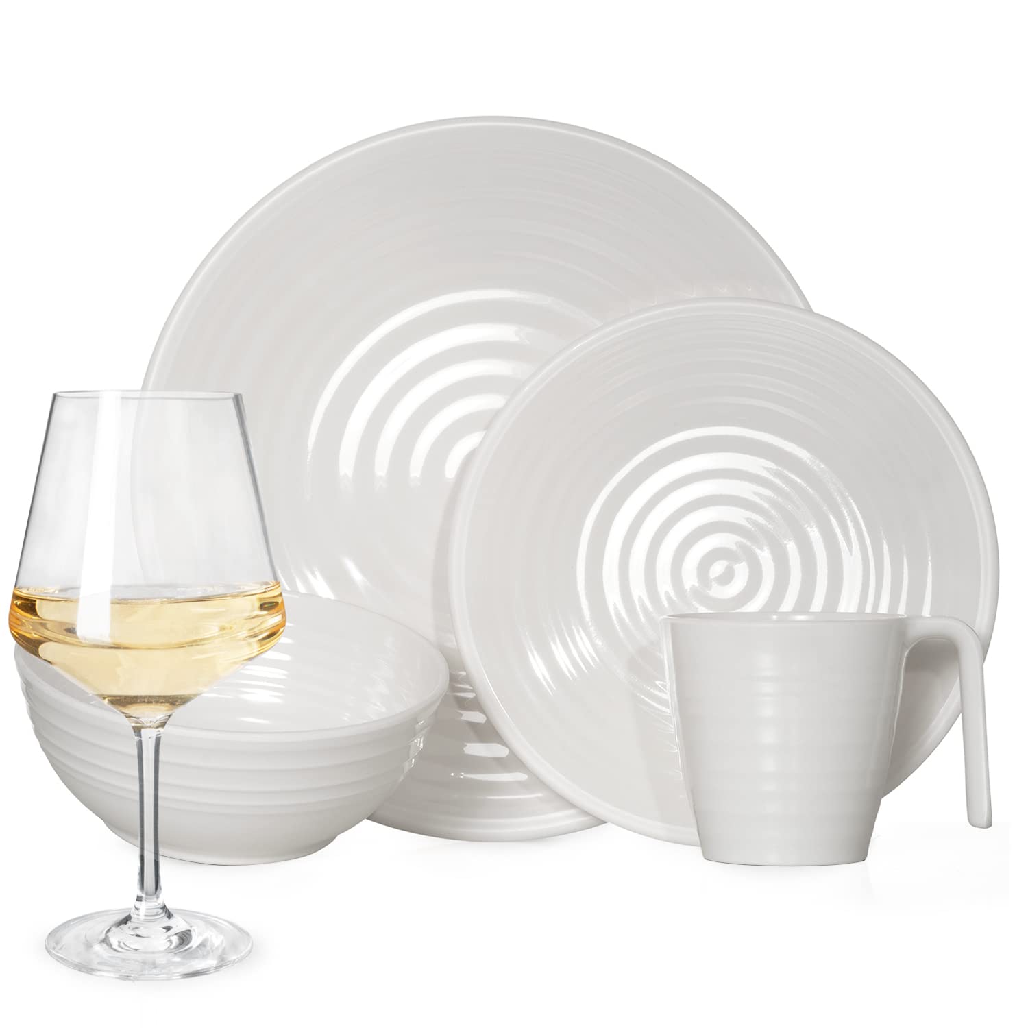 Juego de vajilla de melamina para camping para 4 personas, diseño crema, 16 piezas + 4 copas de vino Milano, color blanco