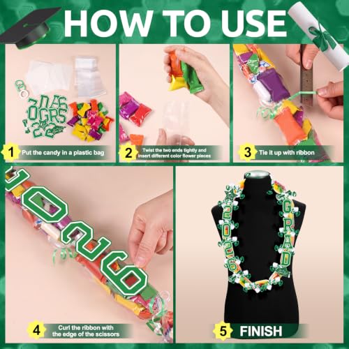 JenPen 4 Set Graduation Money Lei Class of 2026 Candy Lei Kit with Flower DIY Grad Ribbon Necklace Congrats Grad Party(Green White) by JenPen - Used condition - Image 3