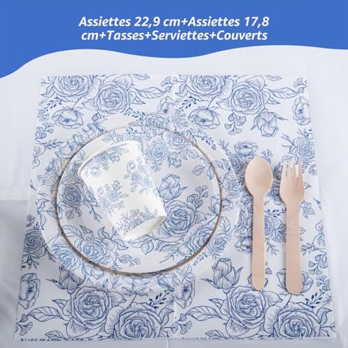 CEILIWEN Service de table 212 pièces en papier pour 30 invités comprenant assiettes, tasses, serviettes, couverts et nappes pour thé élégant de l'après-midi, mariage, anniversaire (bleu) – vue 4