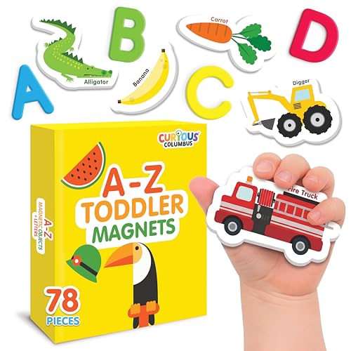 Curious Columbus Magnetic Objects and Letters. Set of 78 Foam Magnets Including 52 Pictures and 26 Uppercase Alphabet Magnets from A-Z. Educational Toy for Preschool Learning