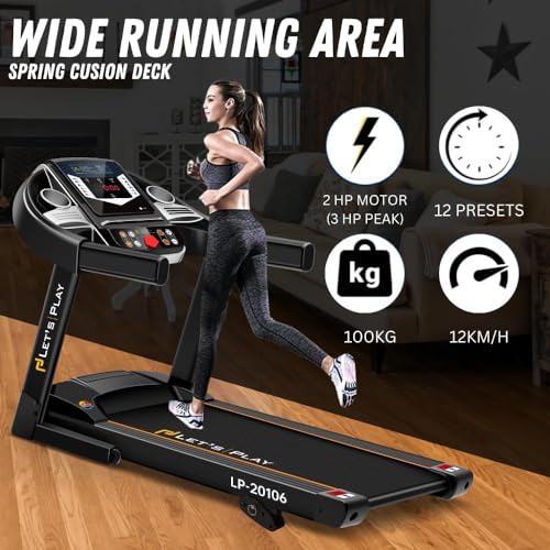 Image of LET'S PLAY 4HP Peak Motorized Treadmill for Home Gym Workout, Manual Incline Foldable Running Machine, 110Kg User Weight, Max Speed 12 km /hr, Bluetooth Speaker