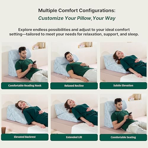 Image of The White Willow Memory Foam & HR Foam Incline Pillow - Back Support for Acid Reflux & GERD Relief, Sitting & Leg Elevation Cushion, Adjustable with Headrest, Blue, King Size, 12 inch H